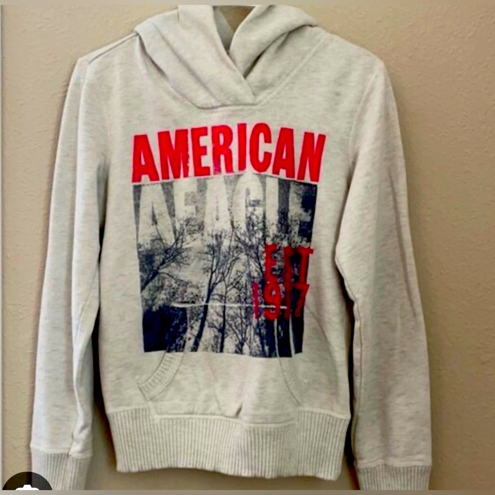 American Eagle Outfitters White Hoodie with Red and Blue Graphic